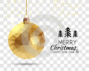 Merry Christmas Happy New Year Trendy triangular Gold Xmas Ball shape in Hipster Origami style on Transparent background