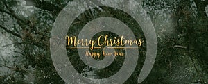 Merry christmas and happy new year typo glitter text on green pine tree.holiday celebration greeting card