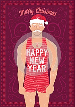 Merry Christmas and Happy New Year. Typographic grunge vintage Christmas card design with Santa Swimmer. Retro vector illustration