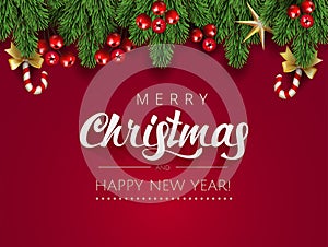 Merry Christmas Happy New Year Typographical card banner with elements border frame with season realistic looking