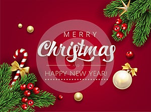 Merry Christmas Happy New Year Typographical card banner with elements border frame with season realistic looking