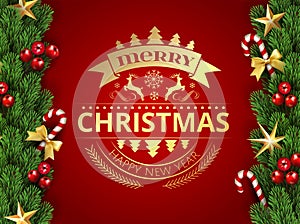 Merry Christmas Happy New Year Typographical card with christmas elements border frame with season realistic looking