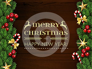 Merry Christmas Happy New Year Typographical card with christmas wood elements border frame with season realistic