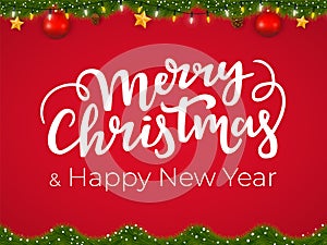 Merry Christmas and Happy New Year typographical postcard on red Xmas background with festive holiday garland