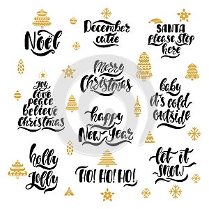 Merry Christmas and Happy New Year typography design. Hand drawn calligraphy text. Black and gold christmas greeting cards.