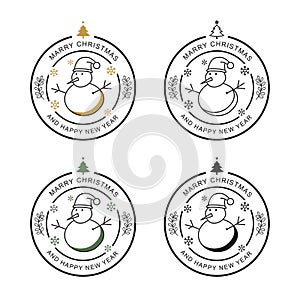 Merry christmas and happy new year typography label with snowman. Use for sticker, badge, crafts, greeting card