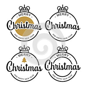 Merry christmas and happy new year typography label with symbols design set. Use for invitation, postcard, poster, greeting card