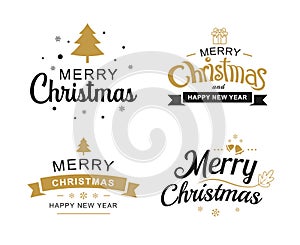 Merry christmas and happy new year typography label with symbols design set. Use for invitation, postcard, poster, greeting card