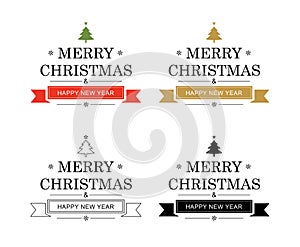 Merry christmas and happy new year typography label with symbols design set. Use for invitation, postcard, poster, greeting card