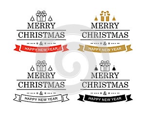 Merry christmas and happy new year typography label with symbols design set. Use for invitation, postcard, poster, greeting card
