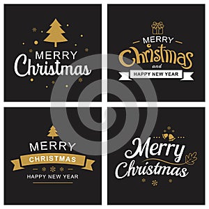 Merry christmas and happy new year typography label with symbols design set. Use for invitation, postcard, poster, greeting card