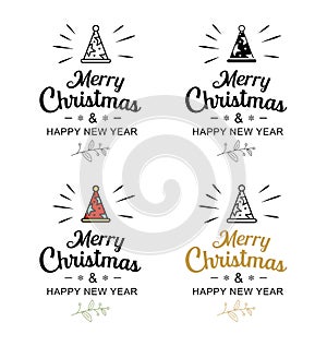 Merry christmas and happy new year typography label with symbols design set. Use for sticker, badge, crafts, greeting card