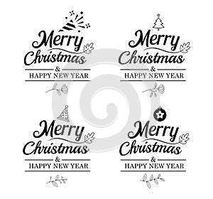 Merry christmas and happy new year typography label with symbols design set. Use for sticker, badge, crafts, greeting card