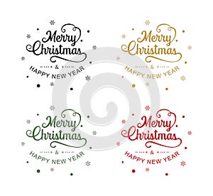 Merry christmas and happy new year typography label with symbols design set. Use for sticker, badge, crafts, greeting card