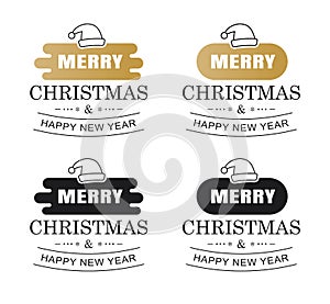 Merry christmas and happy new year typography label with symbols design set. Use for sticker, badge, crafts, greeting card