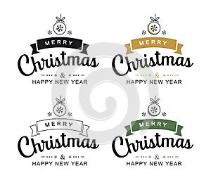 Merry christmas and happy new year typography label with symbols design set. Use for sticker, badge, crafts, greeting card