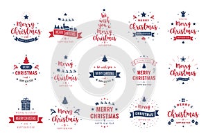 Merry Christmas. Happy New Year, typography lettering badge emblems quotes set collection. Vector logo design for postcard, photo