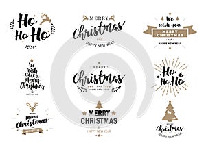 Merry Christmas and Happy New Year Typography set. Vector logo, emblems