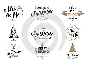 Merry Christmas and Happy New Year Typography set. Vector logo, emblems