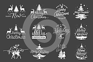 Merry Christmas. Happy New Year. Typography set. Vector logo, emblems, text design. Usable for banners, greeting cards, gifts etc