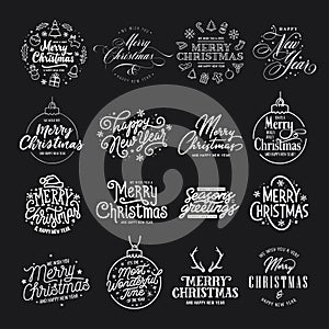 Merry Christmas and Happy New Year typography set. Vector vintage illustration.