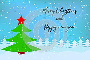 Merry Christmas and Happy New Year typography on winter landscape with fir trees and snow