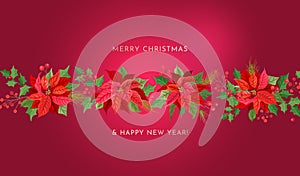 Merry Christmas, Happy New Year Vector Background. Winter Poinsettia Flowers border, Holly Berries, tree branches