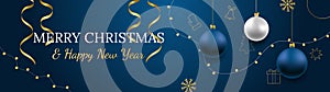 Merry Christmas and Happy New Year vector banner. Realistic rose gold and blue baubles, snowflakes hanging on dark blue background