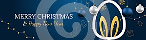Merry Christmas and Happy New Year vector banner. Realistic rose gold and blue baubles, snowflakes hanging on dark blue background