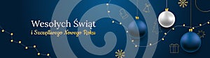 Merry Christmas and Happy New Year vector banner. Realistic rose gold and blue baubles, snowflakes hanging on dark blue background