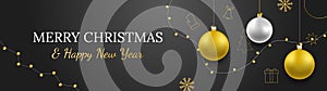 Merry Christmas and Happy New Year vector banner. Realistic rose gold and silver baubles, snowflakes hanging on dark background