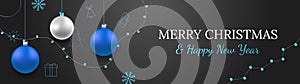 Merry Christmas and Happy New Year vector banner. Realistic rose silver and blue baubles, snowflakes hanging on dark background