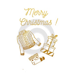 Merry Christmas and Happy New year vector card. Warm wishes concept with hand drawn vintage elements
