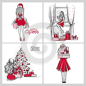 Merry Christmas and Happy New Year vector cards. Xmas illustration