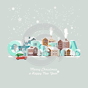 Merry Christmas and a Happy New Year vector greeting card in modern flat design. Christmas town. Snowy landscape with red car