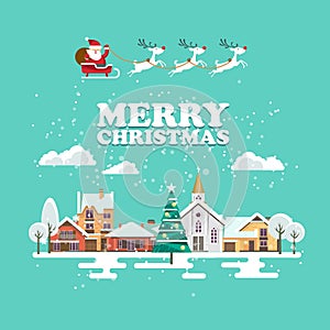 Merry Christmas and a Happy New Year vector greeting card in modern flat design. Snowy landscape with Santa Claus and reindeers