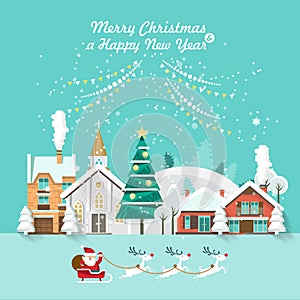 Merry Christmas and a Happy New Year vector greeting card in modern flat design. Snowy landscape with Santa and reindeers