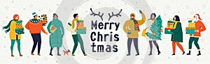 Merry Christmas and happy New year vector greeting card with winter games and people. Celebration template with playing cute peopl