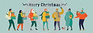 Merry Christmas and happy New year vector greeting card with winter games and people. Celebration template with playing cute peopl