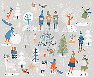 Merry Christmas and happy New year vector greeting card with winter games and people. Celebration template. Winter games and fun