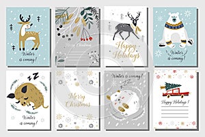 Merry Christmas and Happy New Year vector greeting cards set with cute animals. Hand drawn card set.Gift tags set, hand