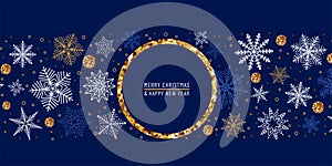 Merry Christmas, Happy New Year vector illustration. Winter dark blue greeting background with circle golden frame at