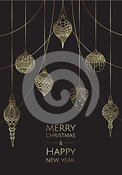 Merry Christmas and Happy New Year. Vector modern template card. Abstract christmas balls.