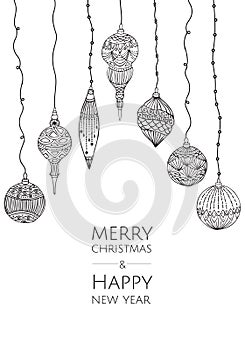 Merry Christmas and Happy New Year. Vector modern template card. Abstract christmas balls.