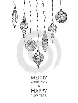 Merry Christmas and Happy New Year. Vector modern template card. Abstract christmas balls.