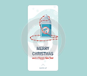 Merry Christmas and Happy New Year vector social media story template with a sanitizer. Entry into the winter season and