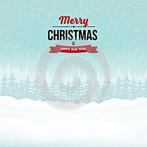 Merry Christmas and Happy New Year vintage badge on the landscape background with forest and snowy hills.