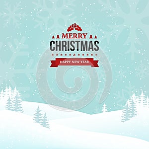 Merry Christmas and Happy New Year vintage badge on the landscape background. Holiday winter background with falling snow.