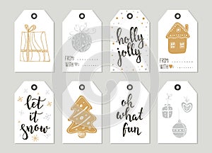 Merry Christmas and Happy New Year vintage gift tags cards with calligraphy.