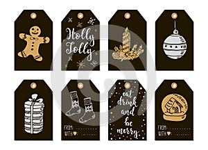 Merry Christmas and Happy New Year vintage gift tags cards with calligraphy.